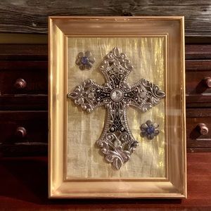 Recycled Artisan Cross Flowers & Blue Rhinestones